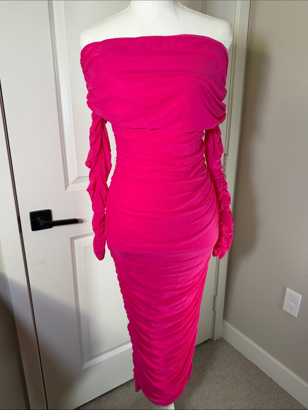 Off-Shoulder Ruched Bodycon Dress in Hot Pink